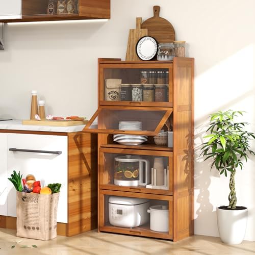 GIANTEX 4-Tier Bookcase with Clear Doors, 55" Bamboo Bookshelf with Flip...