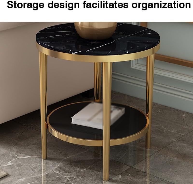 Bedside/Sofa Side Table: Stainless Steel & Marble Two-Tier Small Round Ta...