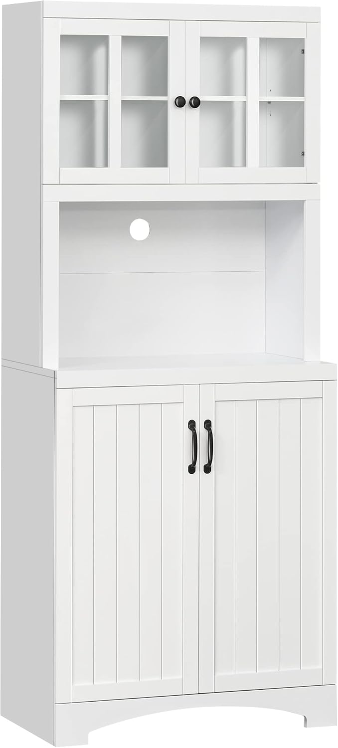 Kitchen Hutch, Pantry Cabinet with Glass Framed Door, Adjustable Shelves and ...