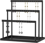 3-Tier Earring Organizer Holder Stand, Metal Jewelry Stand with Tray for Earring Display, 42 Holes Metal Earring Storage Tower Rack for Women Girls Home Use (Black)
