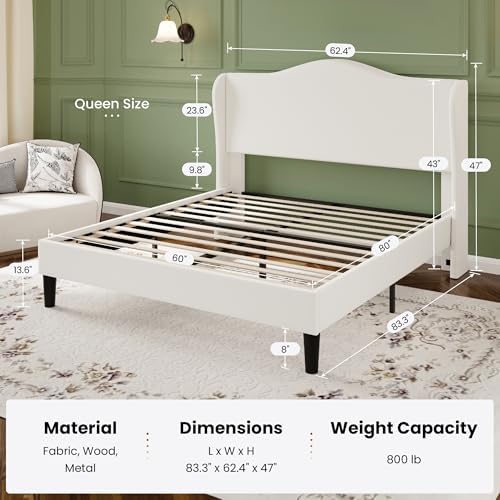 SHA CERLIN Queen Size Bed Frame with Curved Wingback Headboard,Soft White