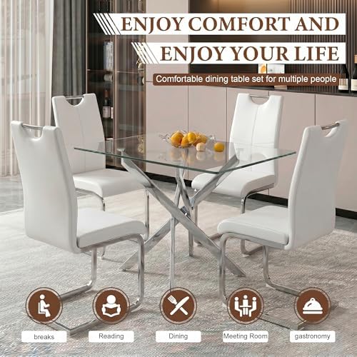 5 Piece Dining Table Set for 4, Modern Tempered Glass Kitchen Table with 4 Up...