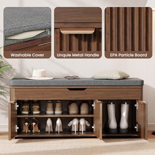 37.4" W Shoe Bench with Storage, Lift Top Entryway Bench, Walnut | 2-Tie...