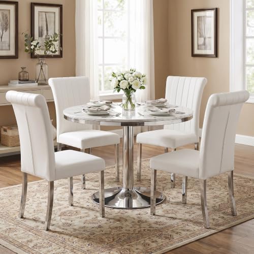 ACEDÉCOR White Faux Leather Dining Chairs Set of 4 with Silver Metal Legs