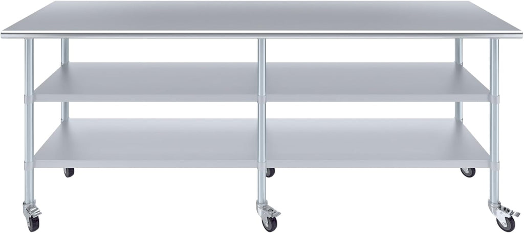 AmGood Stainless Steel Work Table with 2 Shelves and Casters | Metal Utility Table On Wheels (Stainless Steel, 96" Long x 24" Deep)