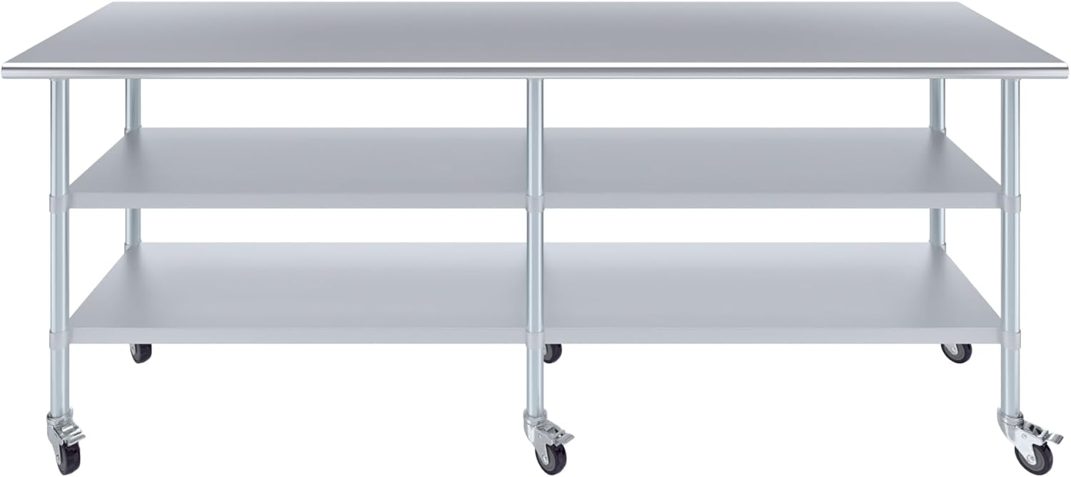 AmGood Stainless Steel Work Table with 2 Shelves and Casters | Metal Utility Table On Wheels (Stainless Steel, 96" Long x 24" Deep)
