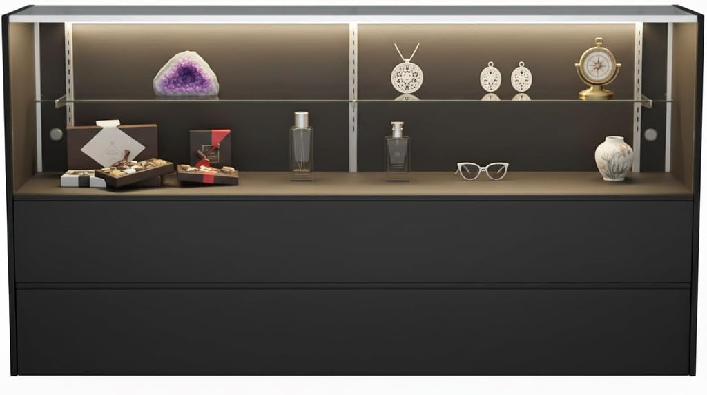 WISDOMFUR 5ft Black Display Showcase Cabinet with LED Lighting – Half Vision Retail Glass Display Case, 60" x 18" x 38", Sliding Locking Doors & Storage Shelves