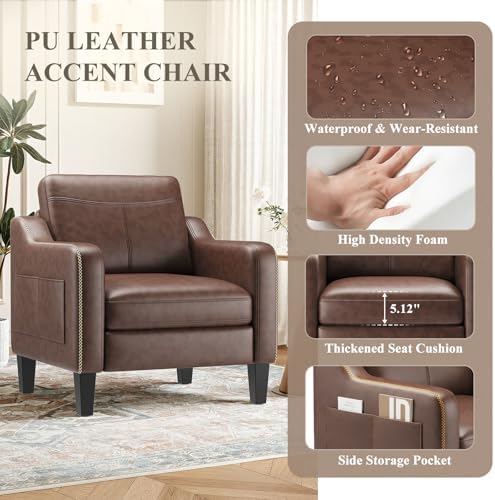 MALOL PU Leather Accent Chair Set of 2, Mid-Century Modern Living Room Armcha...