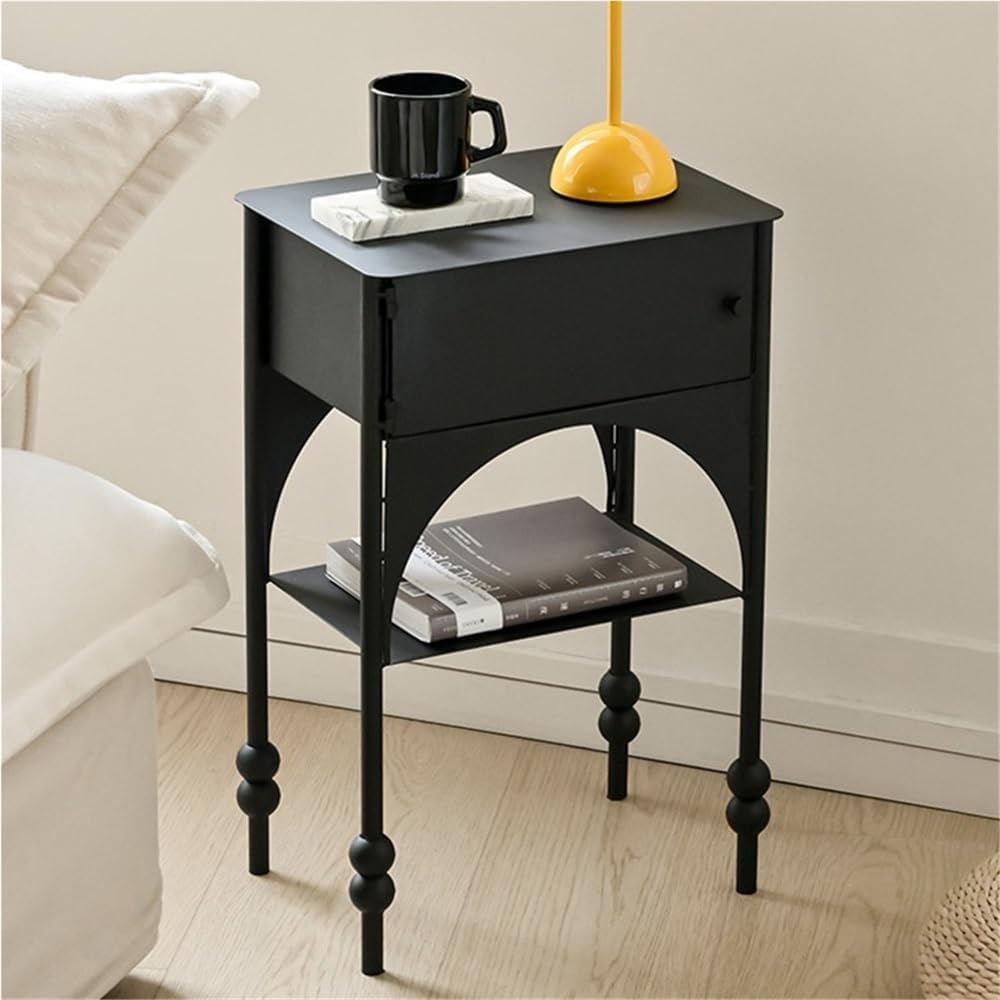 Black Side Table with Drawer, Wrought Iron Nightstand, 2-Tier End Table, Narr...