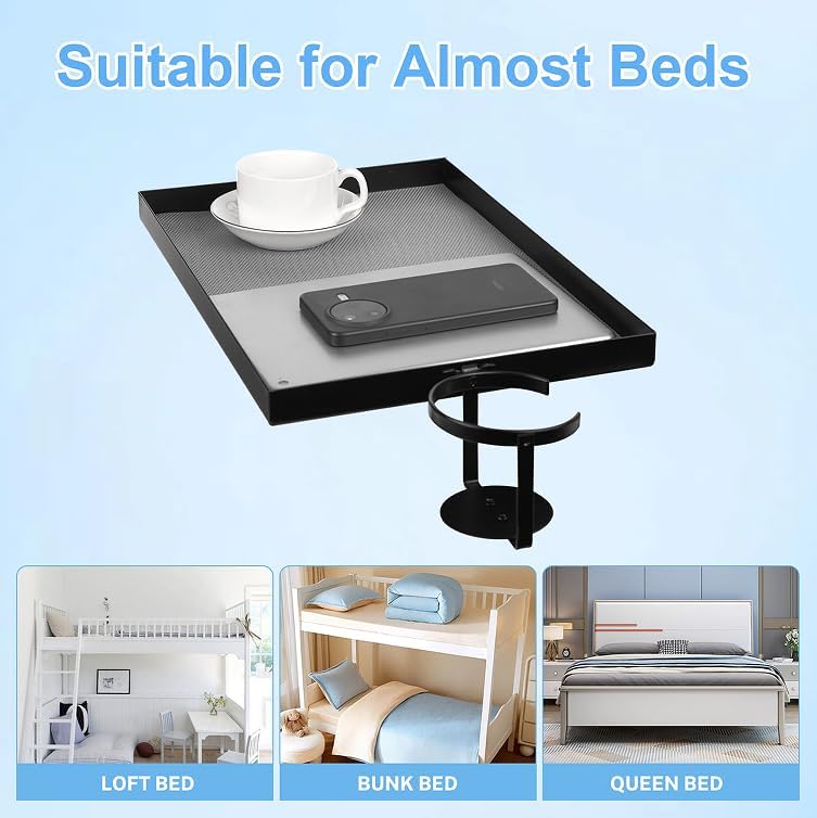 Luckyone Bedside Shelf Metal for Bunk Bed & Top Bunk, Clip On Nightstand, Bed Side Table Tray Organizer, College Dorm Room Essentials with Hook, Cord Clip and Cup Holder