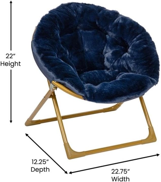 Pemberly Row Kids 23" Folding Faux Fur Saucer Chair, Navy Upholstery with Soft Gold Frame, Thick Padded Chair for Playroom, Bedroom or Living Room, 22.75" W x 12.25" D x 22" H, Child-Safe Design