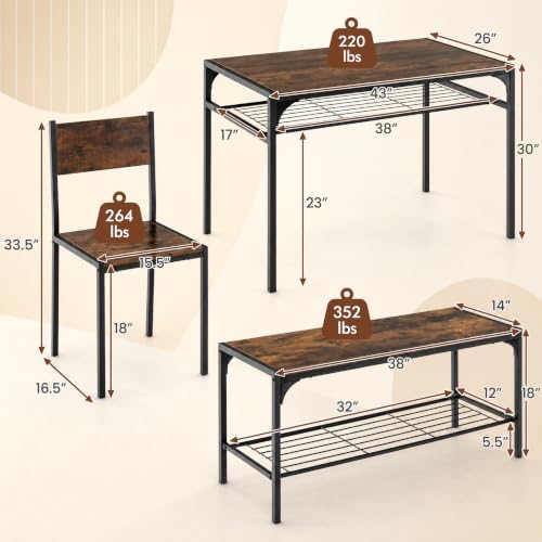 COSTWAY Dining Table Set for 4 with Bench & 2 Chairs, Storage Racks