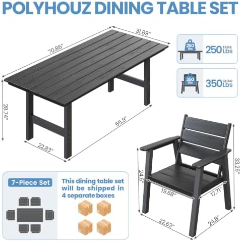 HDPE Outdoor Dining Table and Chairs, 7-Piece Patio Table and Chairs Set, Out...
