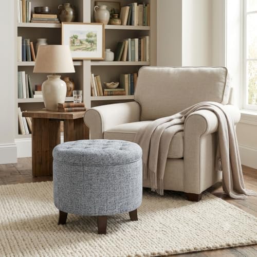 HomePop 19" Button Tufted Round Storage Ottoman - Blue Gray Woven Fabric