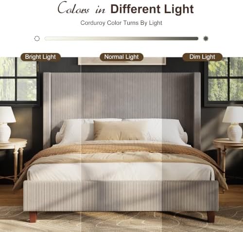 HOWE King Size Bed Frame with 50.8 Inch Corduroy Wingback Headboard, Taupe