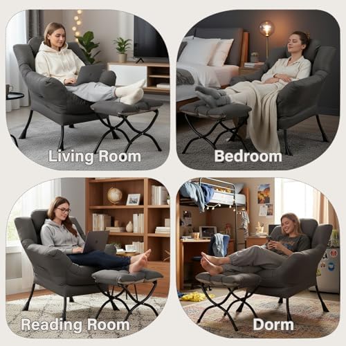 Modern Lazy Chair with Ottoman, Comfy Accent Reading Chair, Dark Grey