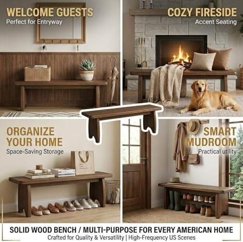 Solid Wood Bench, 24" 31" 35" 39" 47" 59" Rusti...