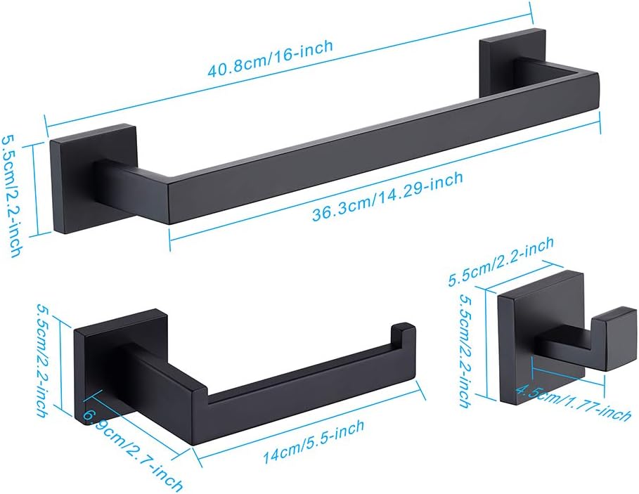 TASTOS 3-Piece Bathroom Hardware Set Matte Black Wall Mounted Bathroom Access...
