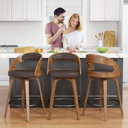 REONEY Swivel Bar Stools Set of 3, 26" Counter Height, Brown | Walnut Wo...