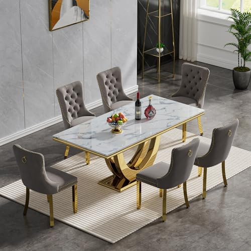68" Marble Dining Table Set for 6, Luxury White Gold Kitchen Table with ...