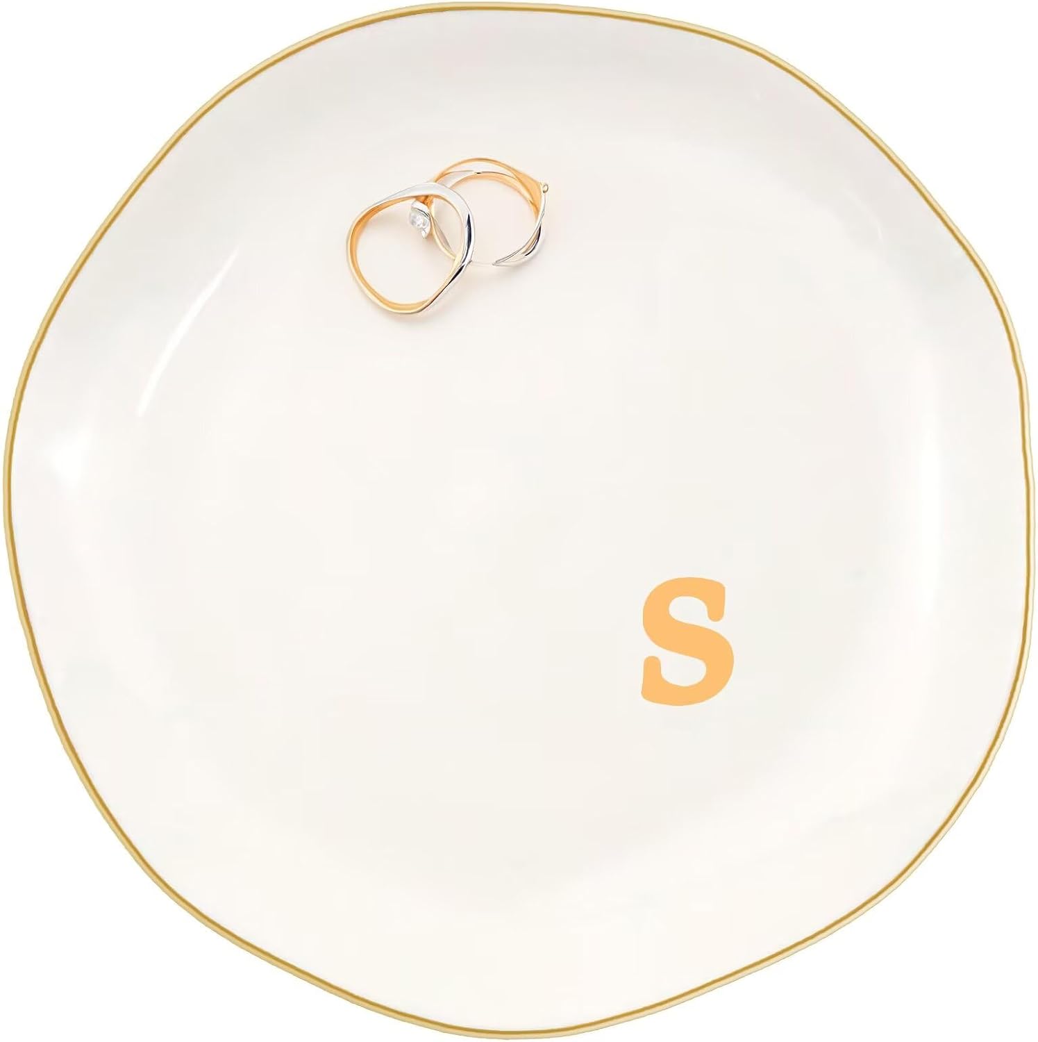 Ceramic Jewelry Dish with Personalized Monogram, White Decorative Ring Trinket Tray, Engagement Wedding Gift for Women Mom Friend, Letter s