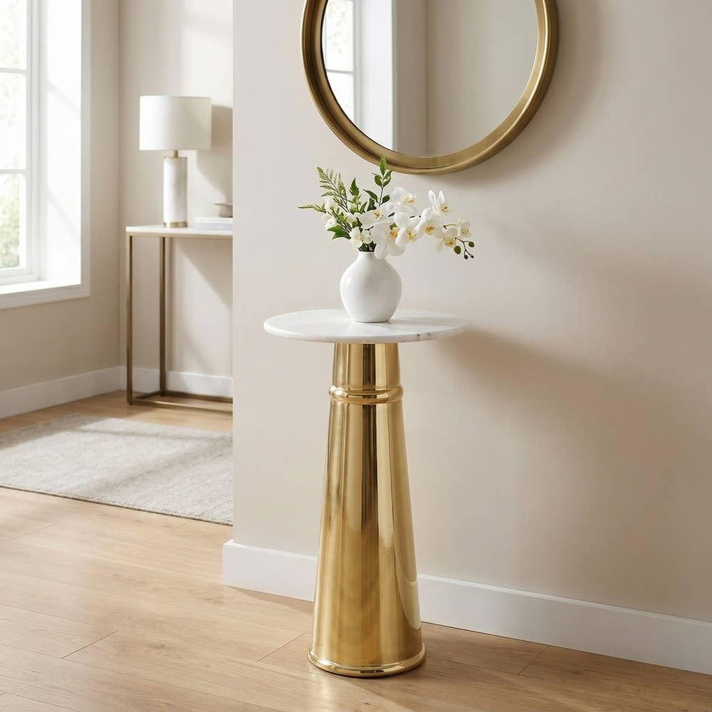 Gold Side Table with White Marble Top | Decorative Modern End Table | Pedesta...