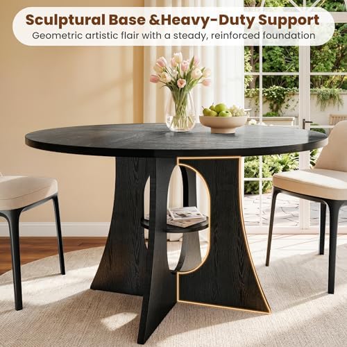47-Inch Round Dining Table for 4-6, Sculptural Base, Black