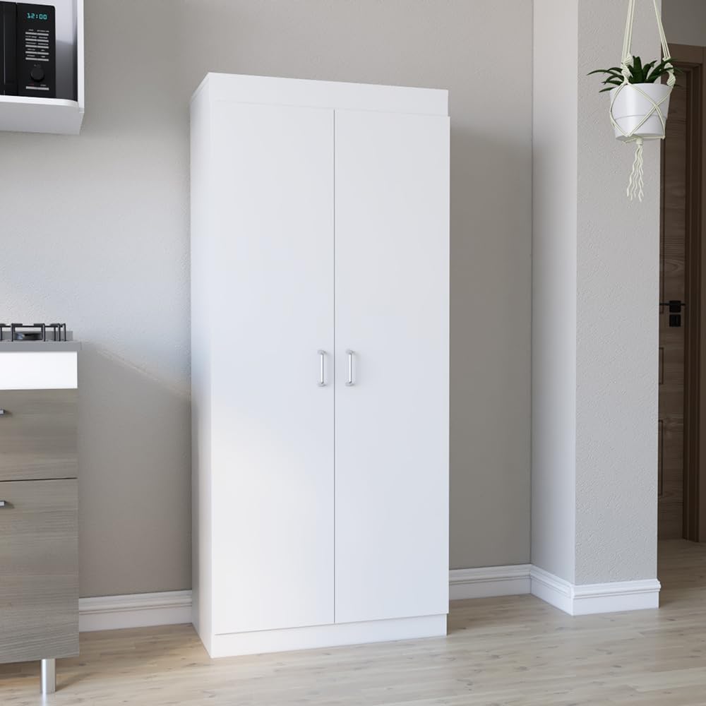 White Kitchen Pantry, Storage Cabinet with 2 Doors, Particle Board, for Dinin...