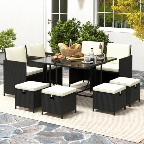 Tangkula 9 Pieces Outdoor Dining Furniture Set, Space-Saving Wicker Rattan Ch...