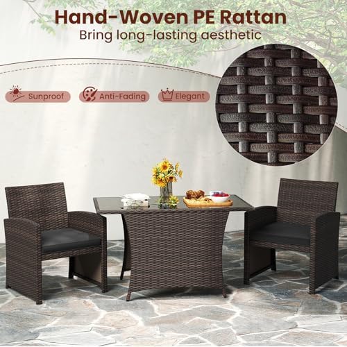 Tangkula 3 Piece Patio Wicker Dining Set, 2 Rattan Chairs with Rectangle Temp...