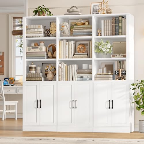 FINETONES 70” H x 63” W Triple Wide Bookshelf, Tall Bookcase with 6 Doors