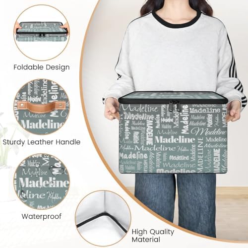 Personalized Name Storage Basket, Custom Keepsake Box, Grey Green | Foldable Fabric Gradient Large Memory Bin with Handle Lid Lightweight Waterproof Dustproof, 14"L x 10.2"W x 10.4"H