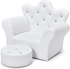 GLACER Kids Sofa with Ottoman, Kids White Couch with Embedded Crystal & PVC Leather, Upholstered Child’s Crown-Back Armchair, Baby Sofa Chair Seat Furniture, Princess Chair for Toddler Girls(White)