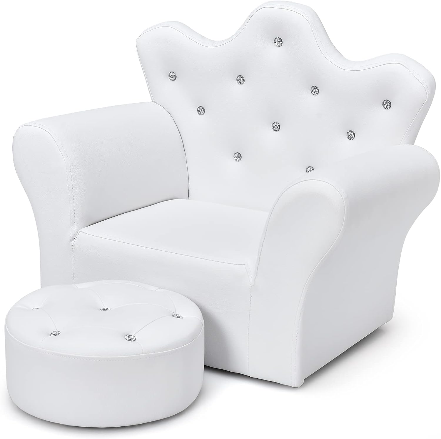 GLACER Kids Sofa with Ottoman, Kids White Couch with Embedded Crystal & PVC Leather, Upholstered Child’s Crown-Back Armchair, Baby Sofa Chair Seat Furniture, Princess Chair for Toddler Girls(White)