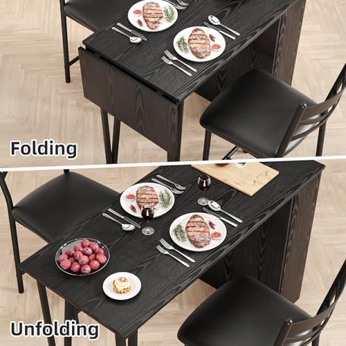 Garvee Extendable Bar Table and Chairs Set, 3 Piece Bar Table Set, Black