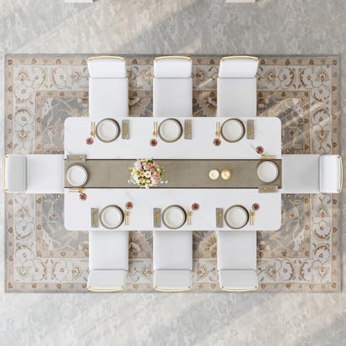 79" White Gold Dining Table Set for 8, Luxury Faux Marble Dining Table S...