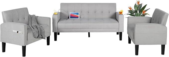 AILEEKISS 3 Piece Living Room Sofa Set Loveseat Sofas Sets with 2 USB,Cup Holders,Side Pocket, Modern Fabric 3 Pcs Sectional Couches Set for Apartment,Office,Bedroom (2-Seat+1-Seat+1-Seat, Light Grey)