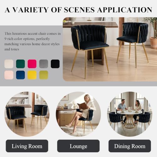 Hand-Woven Dining Chairs Set of 2,Dining Room Chairs with Gold Leg | Velvet E...