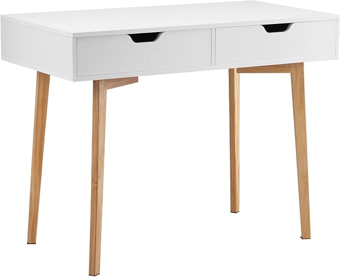 VEVOR Small Desk with Drawers, Kids Desk for Bedroom, Wooden Simple Study Table for Drawing, Reading, Writing, Rectangle MDF Furniture Study Storage Table for Home, Office, White + Wood