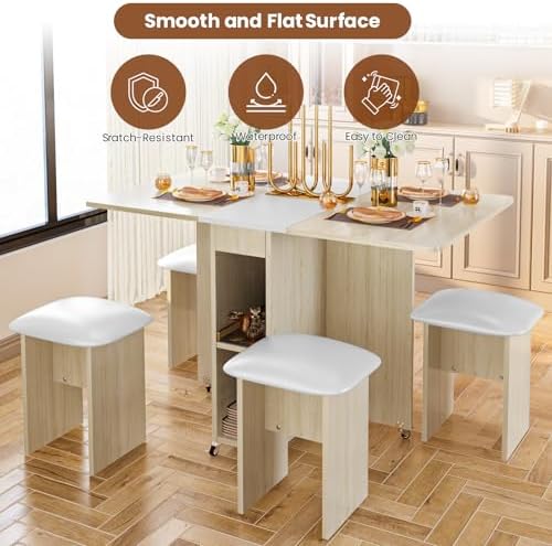 furlinkhm Folding Dining Table Set for 4, Dinner Table with 4 Leather Chairs ...