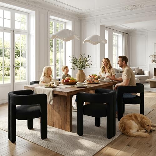 VESCASA Modern Barrel Dining Chairs Set of 4 with Open Back, Black Boucle