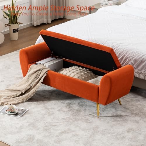 56" Storage Bench for Bedroom King Size Bed, Gold Legs, Velvet Orange