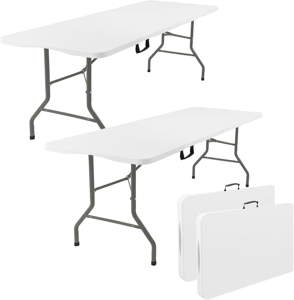 Fivenl 2 Pack 6 Feet Portable Folding Table White, Steel Legs Fold-in-Half wi...