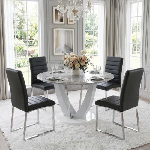 Modern 5 Piece Round Dining Table Set for 4, 47.2" Gray Faux Marble Kitc...