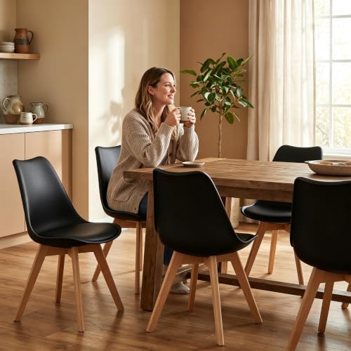 Dining Chairs Set of 4, PU Leather Kitchen Chairs,Wood Legs (Black, 4 PC)