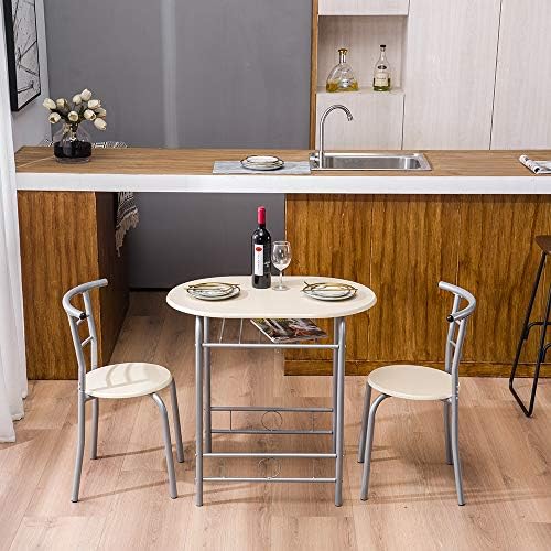 VINGLI 3 Piece Dining Set, Small Kitchen Table Set for 2, Breakfast Table Set, Kitchen Wooden Table with 2 Chairs for Small Space/Dining Room/Apartment, Metal Frame, Wine Rack, Beige