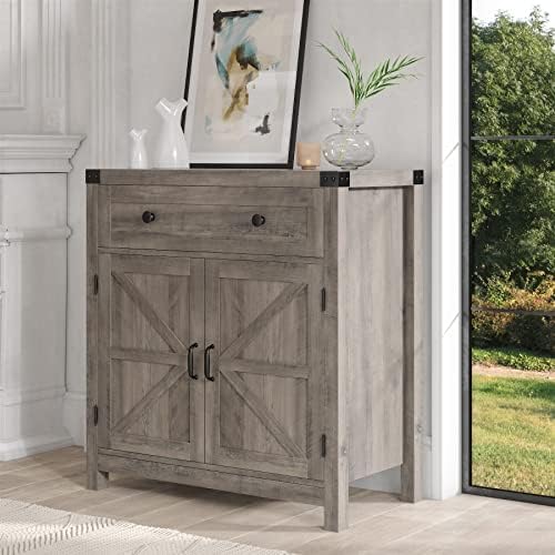 HOSTACK Kitchen Storage Cabinet, Farmhouse Coffee Bar Cabinet, Ash Gray