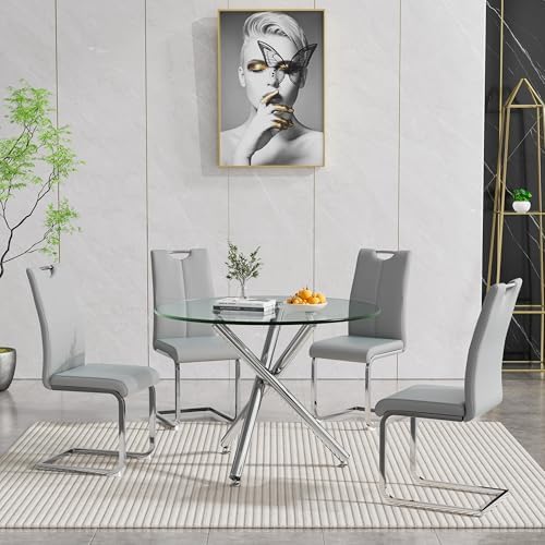 Round Glass Dining Table Set for 4, Modern 5-Piece Round Dining Table & C...