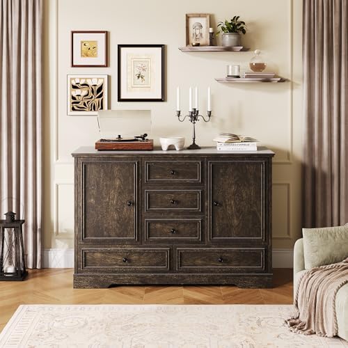 GarveeHome 47” Farmhouse Sideboard Buffet Cabinet,5 Drawers,2 Doors,Brown01