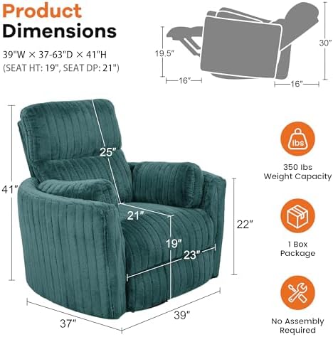 Electric Nursing Power Swivel Rocker Recliner with 2 Pillows, Dark Teal
